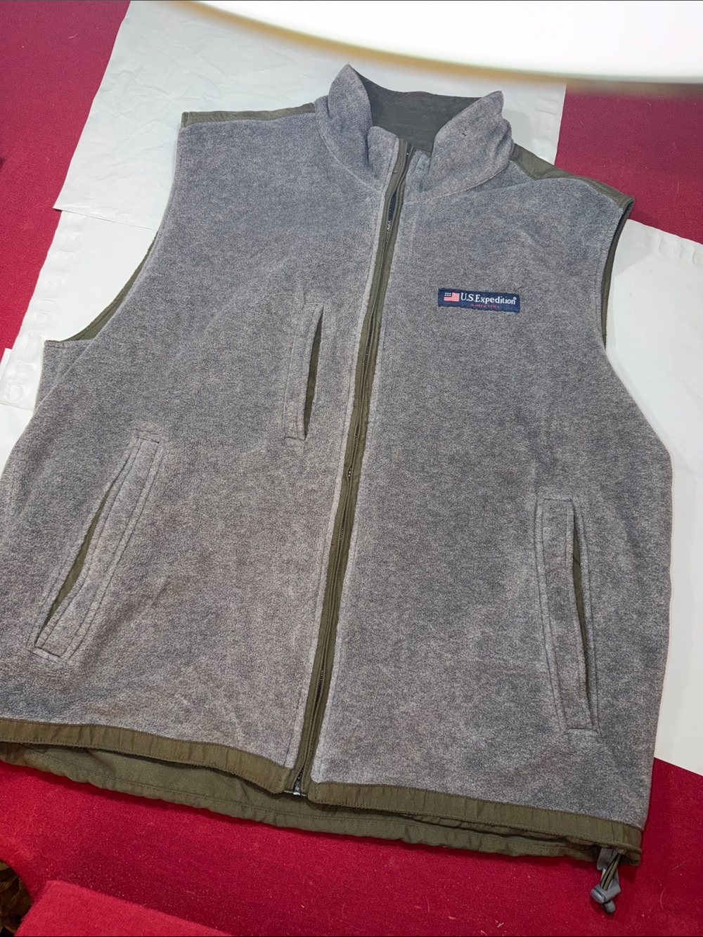 US Expedition reversible gray green fleece warm vest zip front, pockets men’s XL